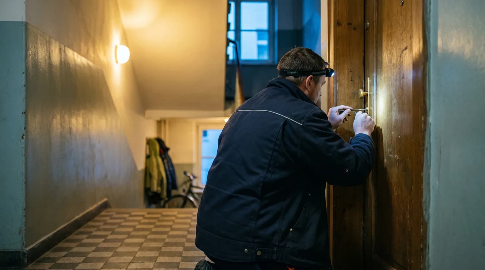 Schlosser öffnet nachts eine Wohnungstür mit Spezialwerkzeug