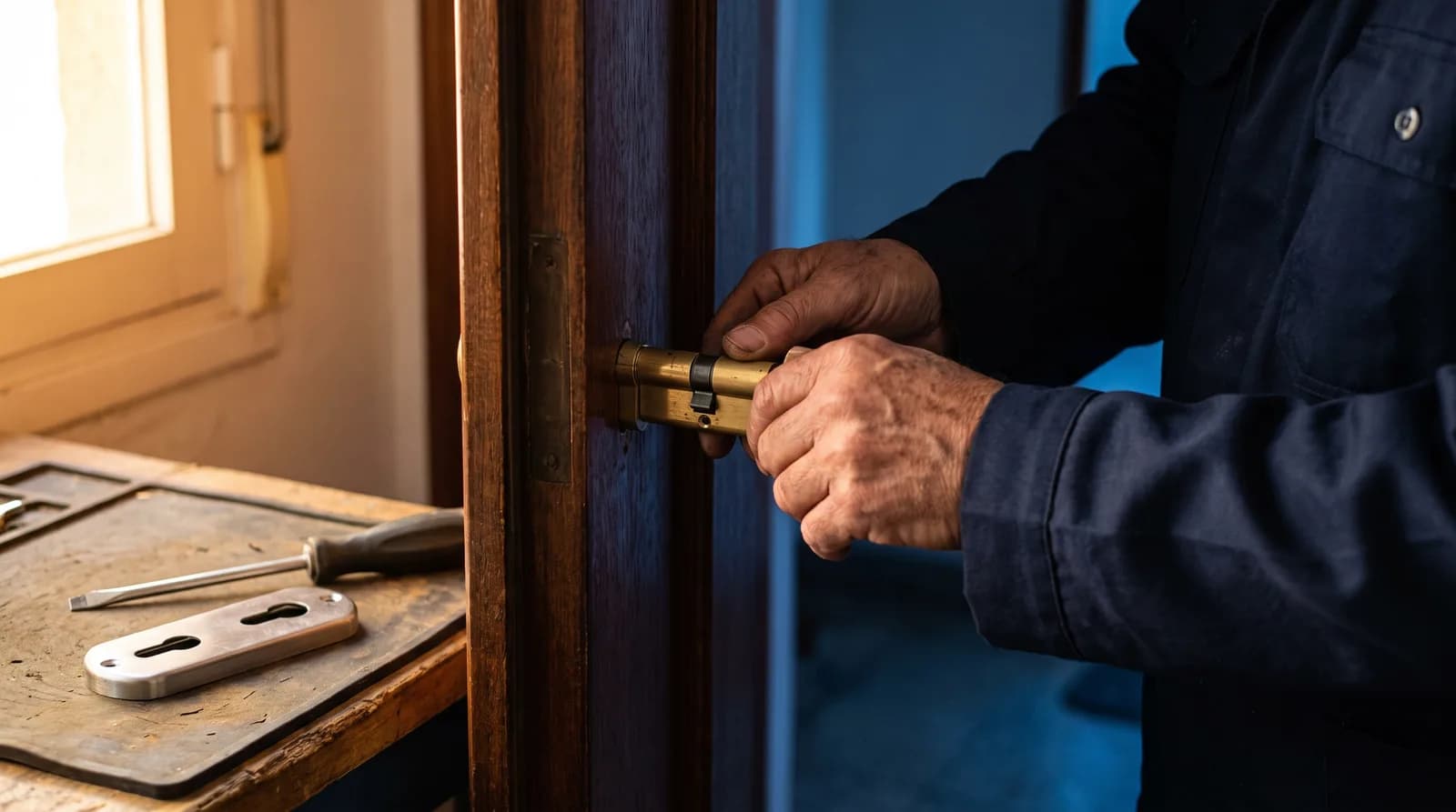 Monteur setzt einen Sicherheitszylinder in eine Wohnungstür ein