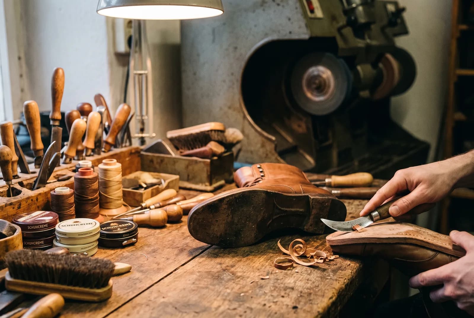 Werkbank eines Schusters mit Werkzeug und einem Lederschuh